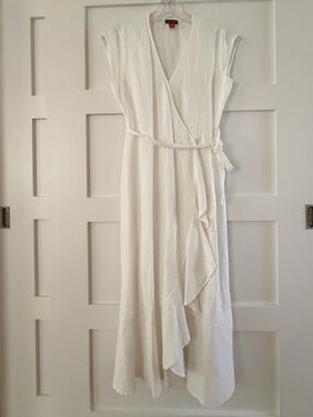 Vince Camuto White Linen Wrap Dress with Ruffle Detail